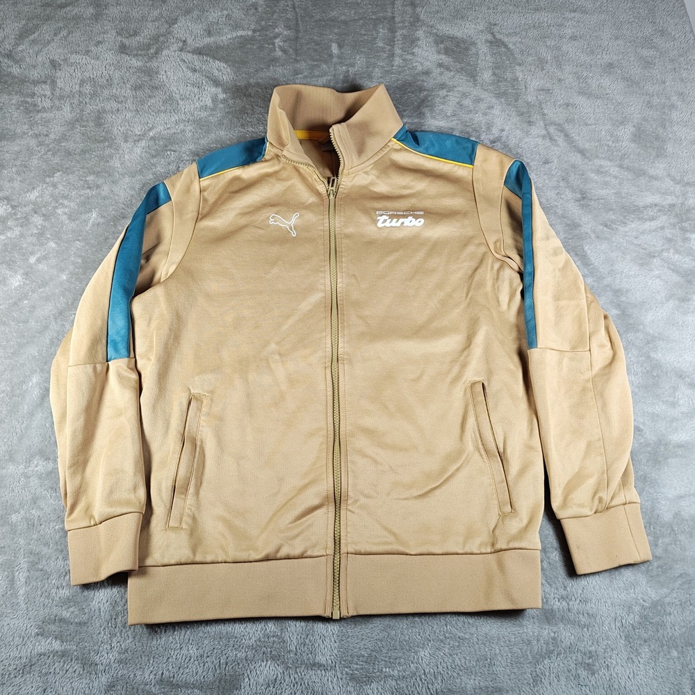 Porsche Turbo Track Jacket Mens Large Tan Blue Puma Full Zip Racing
